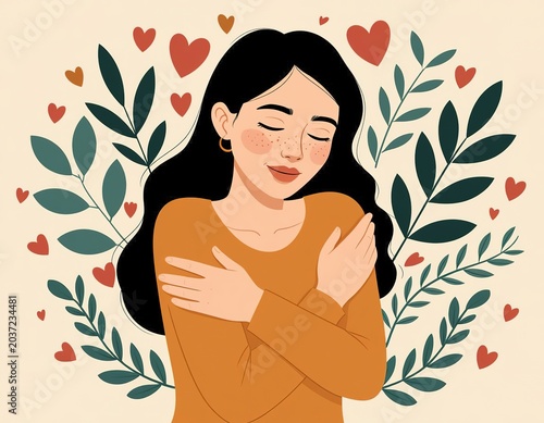 A woman hugs herself by the shoulders. Self-care.