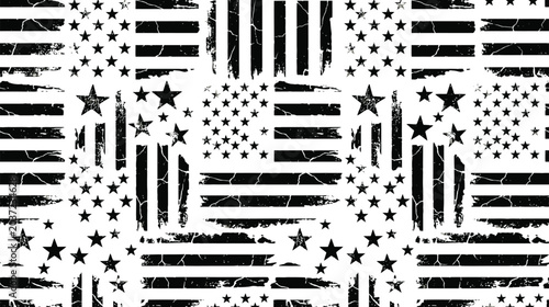 High-contrast abstract star and stripe pattern texture in black and white with grunge finish.