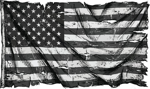 Fotografi Grunge Black and White American Flag with Distressed Texture for Graphic Design