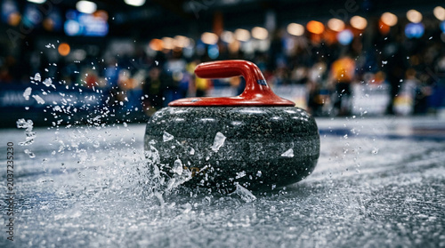 Curling stone with red handle gliding across ice with explosive ice spray, winter sport action photography, competitive curling arena crowd