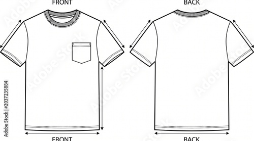 Technical sketch of a t-shirt with front and back views, including measurement guides for garment design and production.