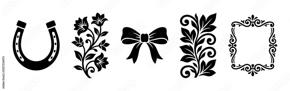 Fototapeta premium Horseshoe, floral design, ribbon bow, scroll ornament, and decorative frame are a collection of elegant black vector graphic elements.