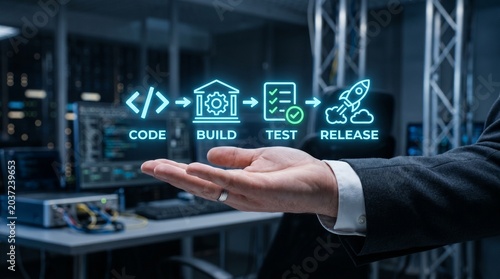 A businessman presenting a software development process with code, build, test, and release stages on his hand in a modern office