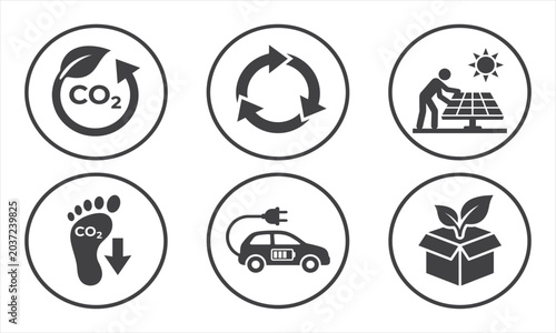 ESG and Sustainability solid icon set. Featuring Net Zero, Circular Economy, Diversity, Carbon Footprint, and Corporate Governance. Flat vector design for eco-friendly and green energy
