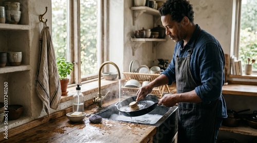 Middle-aged black man washing dishes by hand in cozy kitchen  