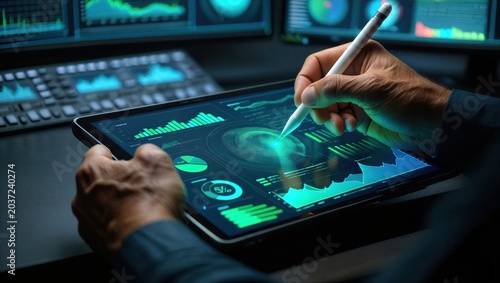 esg, sustainability, energy, renewable, eco, environment, A hand uses a digital pen on a tablet with glowing ESG charts, symbolizing sustainability analysis and green investment.