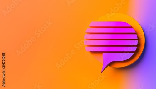 A vibrant abstract 3D speech bubble icon with horizontal stripes, set against a bright orange and purple gradient background.