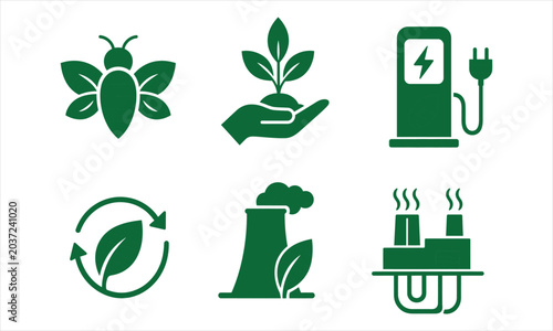 Green energy solid icon set featuring renewable solar wind power, ecology sustainability nature, recycling eco environment