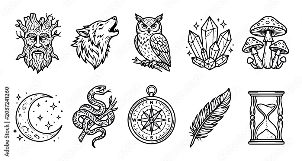 Obraz premium Various mystical nature magic symbols and elements are presented in a detailed black and white line art illustration style, evoking ancient wisdom and fantasy.
