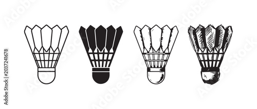 Tableau sur toile Four stylized badminton shuttlecock representations: thin outline, bold black fi