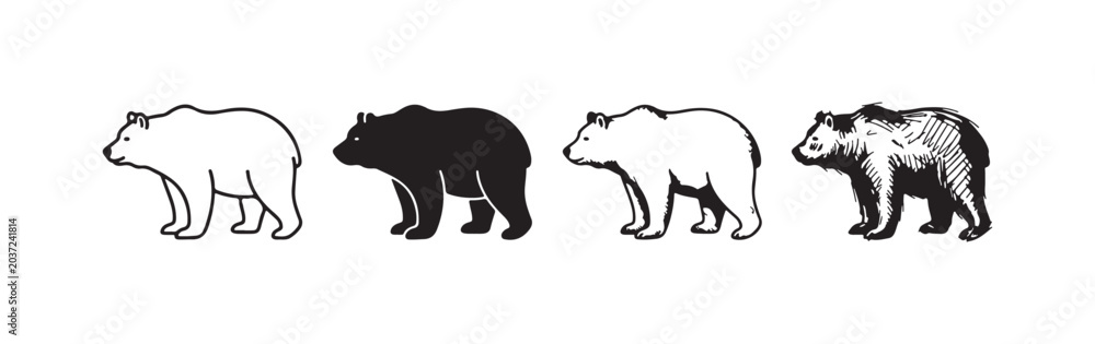 Fototapeta premium Walking Bear Icon Set (Side Profile): Outline, Solid, Detailed, and Sketchy Black and White Vector Illustration