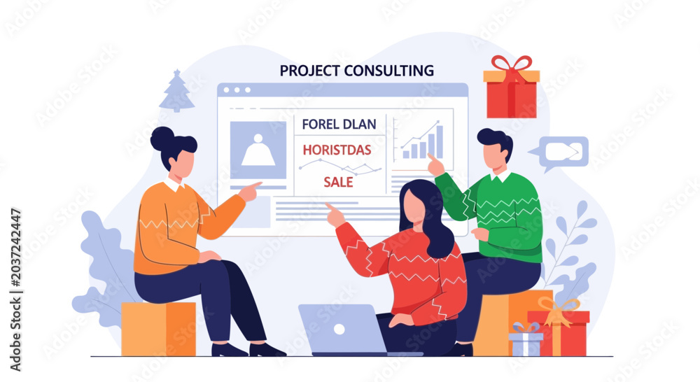 Naklejka premium Teamwork Christmas Project Consulting Vector Illustration