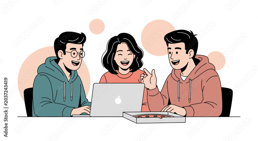 Fototapeta premium Young team collaborating on laptop with pizza, happy modern illustration