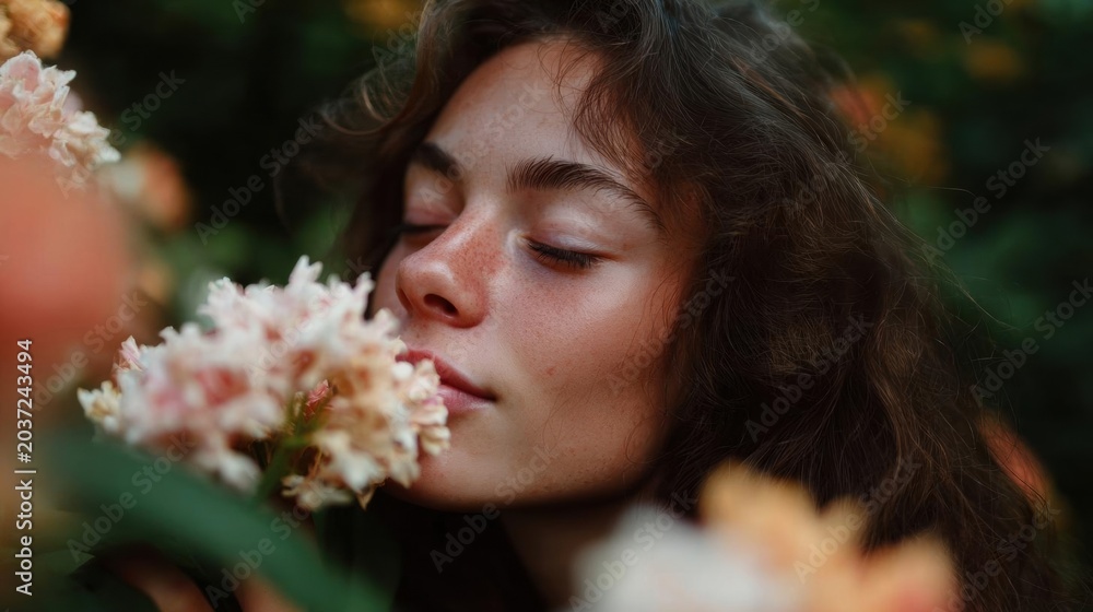 Naklejka premium Close-up portrait of a young woman with her eyes closed and her head resting on a branch of pink flowers. she has long dark hair and freckles on her face.