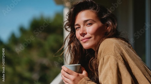 Portrait of a young woman with long, wavy hair. she is standing on a balcony with a blue sky and trees in the background.