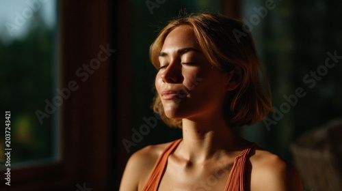 Portrait of a young woman with shoulder-length blonde hair. she is standing in front of a window with her eyes closed and her head tilted slightly to the side.