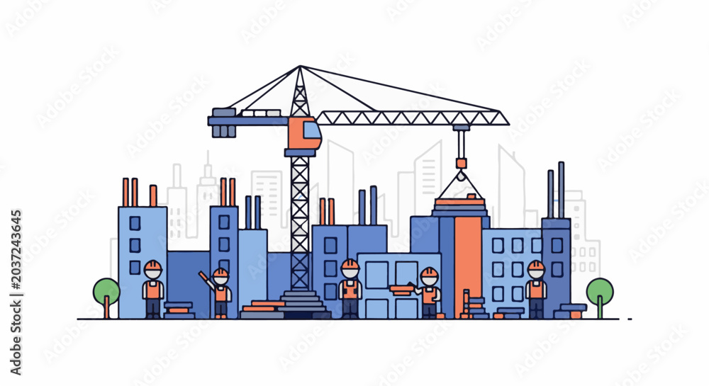 Fototapeta premium Construction site with workers, crane, and industrial buildings