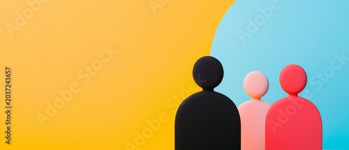Three abstract human figures in black, pink, and red stand against a vibrant yellow and blue background symbolizing diversity and unity.