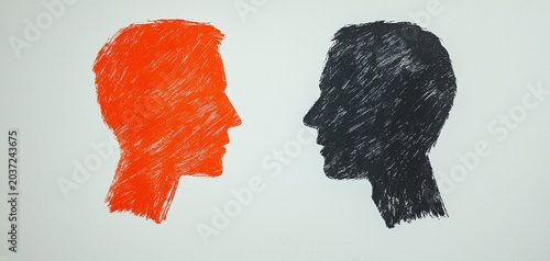Two sketched human profiles face each other, one in red and the other in black, symbolizing contrast or dialogue.