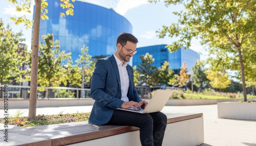 Man works outdoors with laptop.