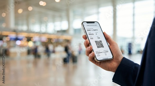 Seamless Departure: Traveler Hand Holding E-Ticket on Smartphone with Airport Bokeh