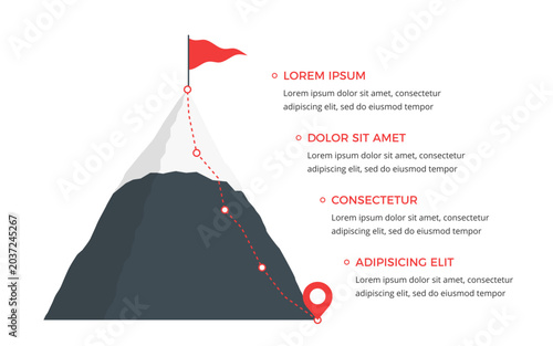 Business infographic template with a mountain climbing path with red flag at summit and four milestone steps