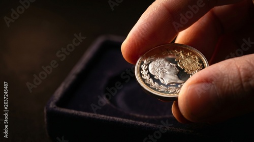Timeless Asset: Delicate Hand Lifting Intricate Rare Collectible Coin in Cinematic Shadow