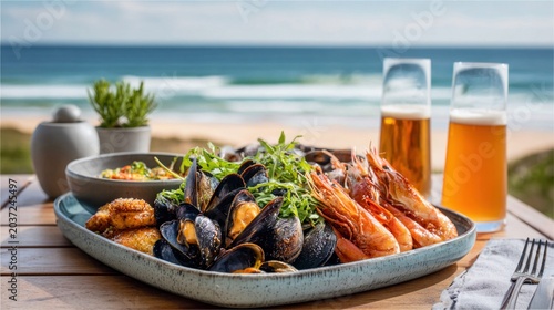 Enjoy a delicious seafood platter with mussels and prawns by the ocean with refreshing beer