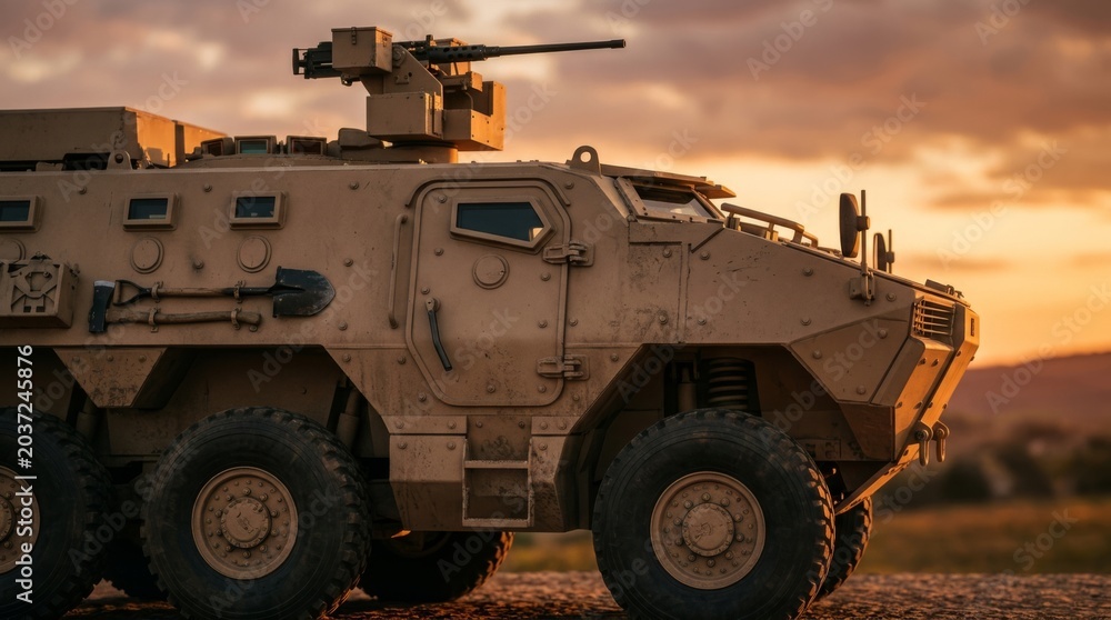Fototapeta premium An armored vehicle drives through a desert landscape at sunset. Tank.