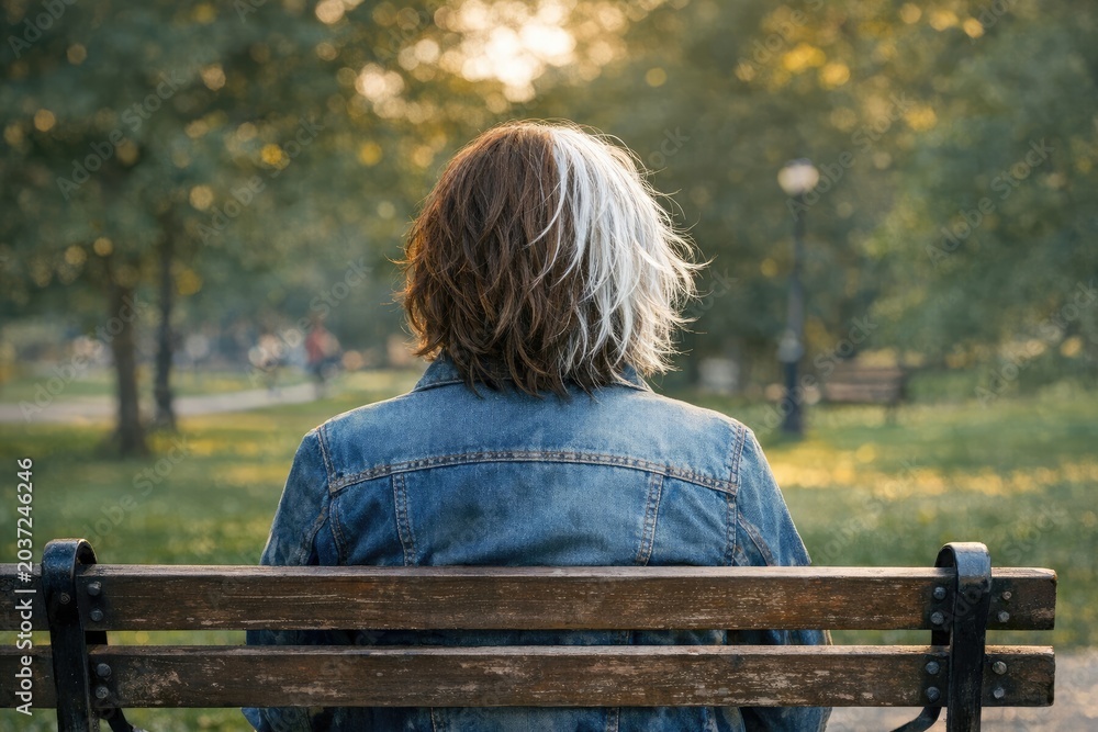 Fototapeta premium A person sits on a bench in a peaceful park scene, possibly relaxing or people-watching
