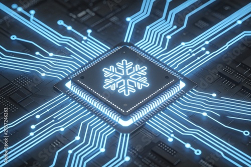 Computer chip with snowflake symbol on circuit board