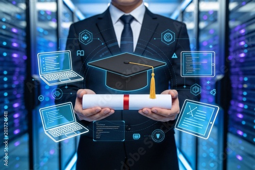 Business professional holding graduation diploma