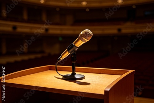 Microphone on wooden podium in theater