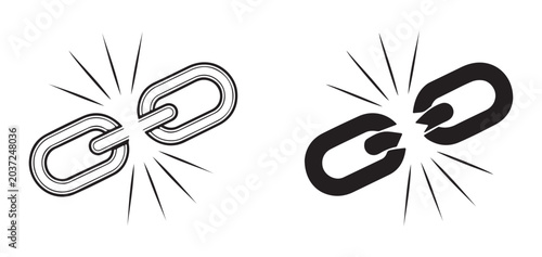 Photos Broken metal chain link icons showing separation and disconnection on white background in flat black style