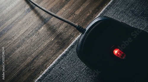Bottom of computer mouse with glowing red optical sensor