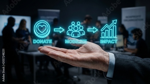 A hand in a business suit presenting a glowing neon graphic illustrating the process of donating, mobilizing, and making an impact