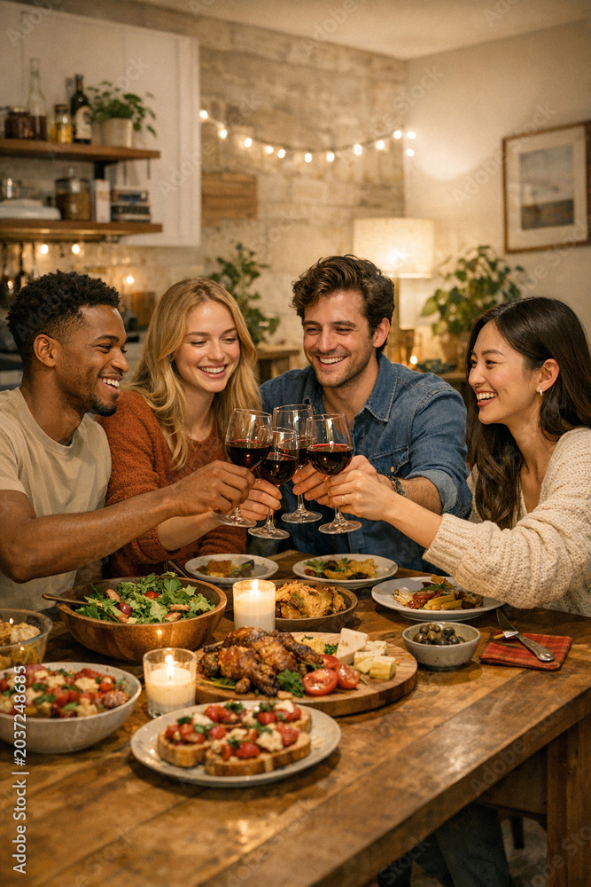 Fototapeta premium Group of four friends raising wine glasses in a toast, sitting around wooden table with food on it. Warm and joyful atmosphere.