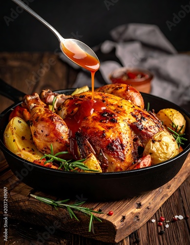 Roasted chicken with potatoes and sauce.