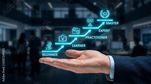 A hand in a business suit holds glowing blue icons representing skill levels from beginner to master in an office setting with blurred background
