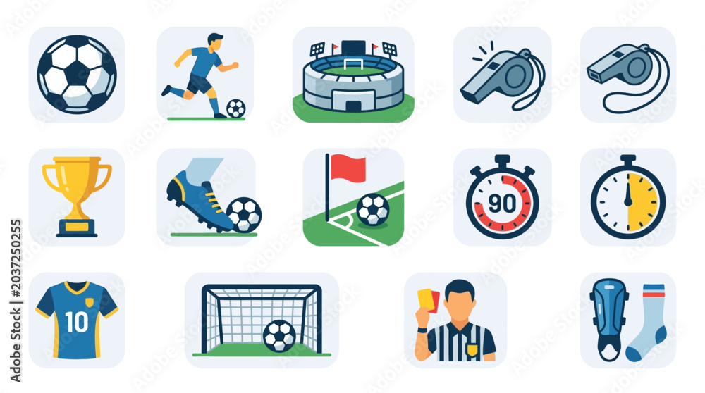 Fototapeta premium Soccer Icons Set: Football, Player, Stadium, Whistle, Trophy, Stopwatch, Jersey, Referee