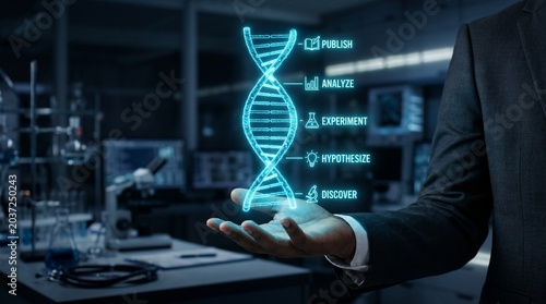 Businessman holding glowing dna double helix with publish analyze experiment hypothesize and discover icons in laboratory background