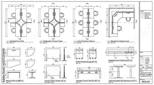 Photos Technical blueprint of modular office workstation systems, showing desk clusters