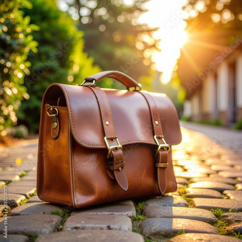 Stylish brown leather briefcase on cobblestone street at sunset.