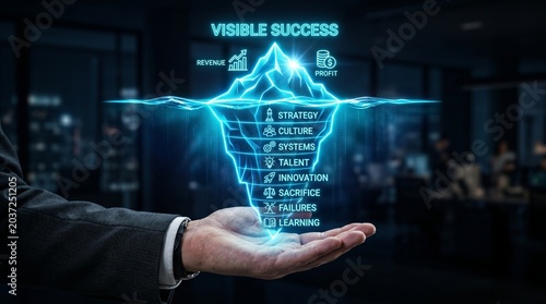 Businessman holding glowing blue pyramid with visible success strategy and revenue growth elements in a modern office environment with a blurred background