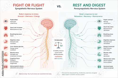 A diagram comparing the sympathetic nervous system (Fight or Flight) and the parasympathetic nervous system (Rest and Digest).