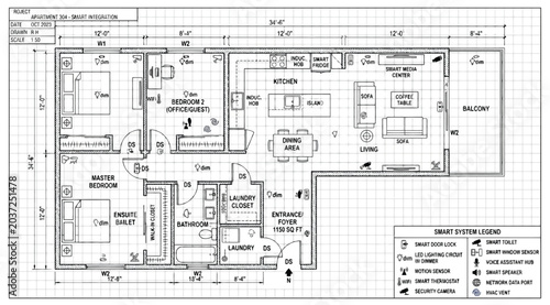 Quadro su tela Detailed floor plan of a smart apartment with integrated technology systems and