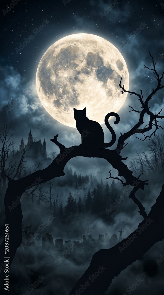 Fototapeta premium Spooky halloween mobile wallpaper with black cat and full moon