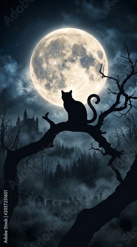 Spooky halloween mobile wallpaper with black cat and full moon