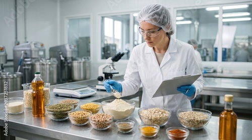 Food technologist inspects plant protein, grains and spices before formulation in clean label alternative protein manufacturing.