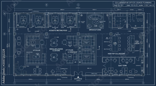 Foto Blue architectural floor plan blueprint of a collaborative office lounge
